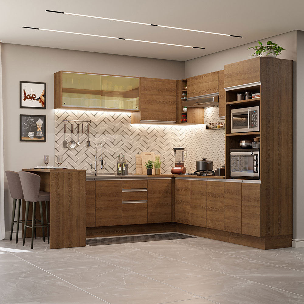 Combo completo de Cocina Esquinera 504 cm 14 Puertas 3 Cajones Sin Mesada Marrón Glamy Madesa