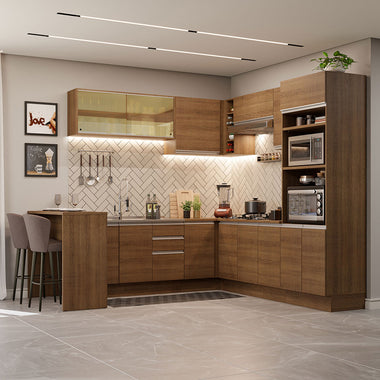 Combo completo de Cocina Esquinera 504 cm 14 Puertas 3 Cajones Sin Mesada Marrón Glamy Madesa