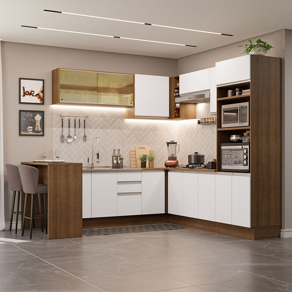Combo completo de Cocina Esquinera 504 cm 14 Puertas 3 Cajones Sin Mesada Marrón/Blanco Glamy Madesa