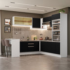 Combo completo de Cocina Esquinera 504 cm 14 Puertas 3 Cajones Sin Mesada Blanco/Negro Glamy Madesa
