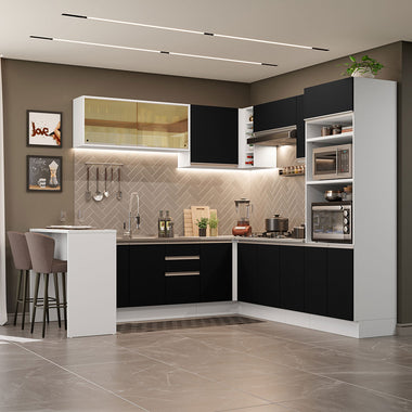 Combo completo de Cocina Esquinera 504 cm 14 Puertas 3 Cajones Sin Mesada Blanco/Negro Glamy Madesa
