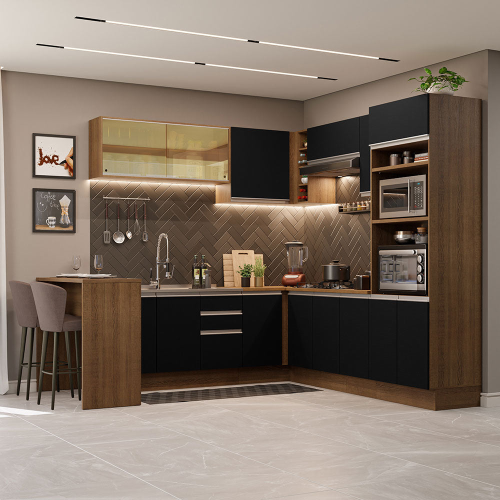 Combo completo de Cocina Esquinera 504 cm 14 Puertas 3 Cajones Sin Mesada Marrón/Negro Glamy Madesa