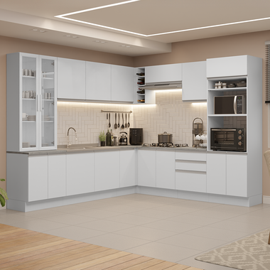Combo completo de Cocina Esquinera 549 cm con Cristalero 17 Puertas 3 Cajones Sin Mesada Blanco Glamy Madesa