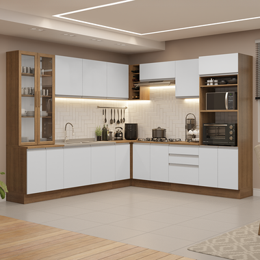 Combo completo de Cocina Esquinera 549 cm con Cristalero 17 Puertas 3 Cajones Sin Mesada Marrón/Blanco Glamy Madesa