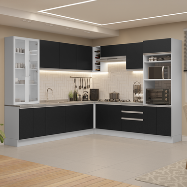 Combo completo de Cocina Esquinera 549 cm con Cristalero 17 Puertas 3 Cajones Sin Mesada Blanco/Negro Glamy Madesa