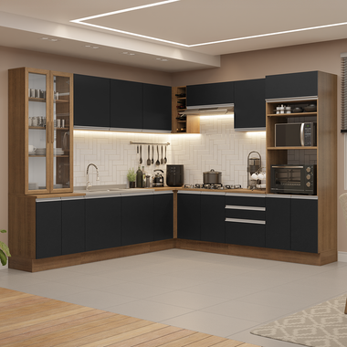 Combo completo de Cocina Esquinera 549 cm con Cristalero 17 Puertas 3 Cajones Sin Mesada Marrón/Negro Glamy Madesa