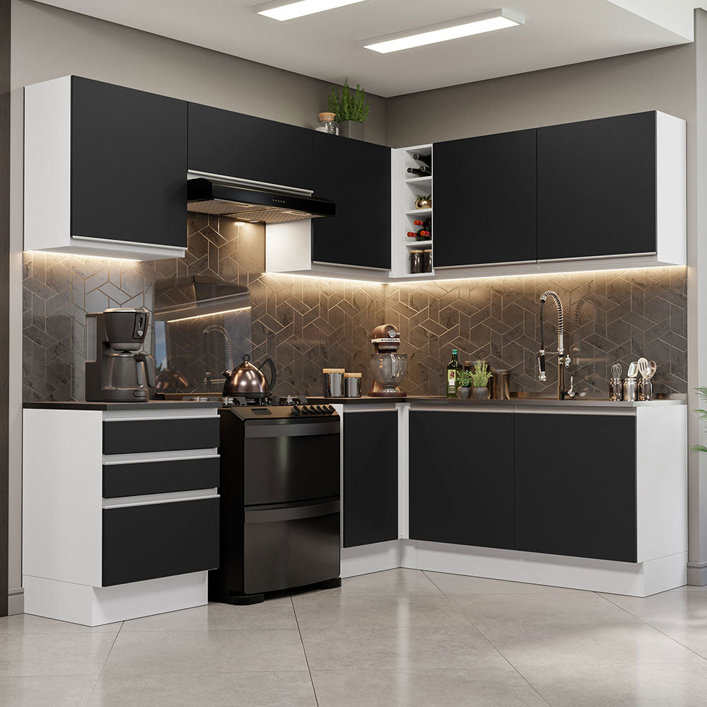 Combo Completo de Cocina Esquinera 100% MDF 409 cm Blanco/Negro Acordes Madesa 01