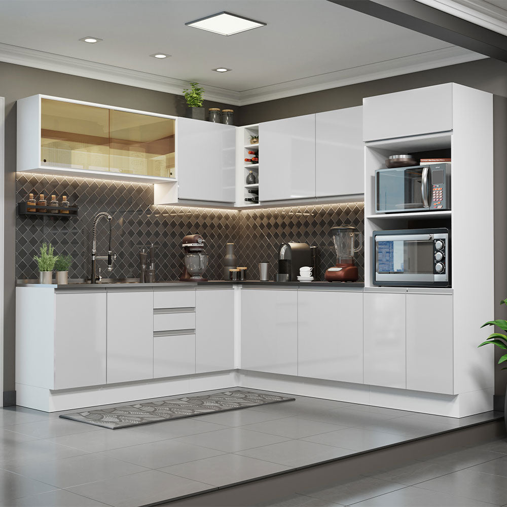 Combo Completo de Cocina Esquinera 100% MDF 459 cm Frentes Blanco Brillante Acordes Madesa 01