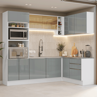 Combo completo de Cocina Esquinera 399 cm 10 Puertas 3 Cajones Sin Mesada Blanco/Gris Lux Madesa