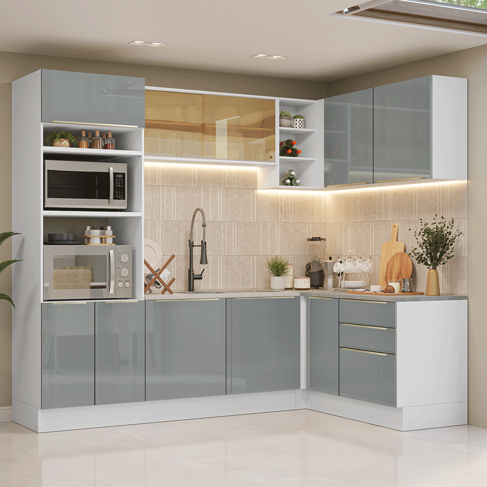 Combo completo de Cocina Esquinero 416 x 60 cm Blanco/Gris Lux Madesa 01