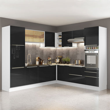 Combo completo de Cocina Esquinera 546 cm 13 Puertas 5 Cajones Sin Mesada con Mueble para Horno o Microondas Blanco/Negro Lux Madesa