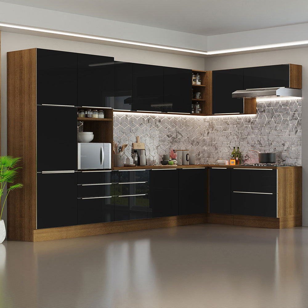 Combo completo de Cocina Esquinera 546 cm 12 Puertas 8 Cajones Marrón/Negro Lux Madesa
