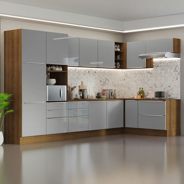 Combo completo de Cocina Esquinera 546 cm 12 Puertas 8 Cajones Marrón/Gris Lux Madesa