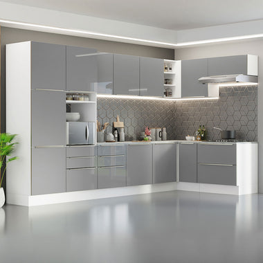 Combo completo de Cocina Esquinera 546 cm 12 Puertas 8 Cajones Blanco/Gris Lux Madesa
