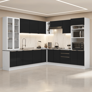 Combo completo de Cocina Esquinera 549 cm con Cristalero 17 Puertas 3 Cajones Sin Mesada Blanco/Negro Lux Madesa