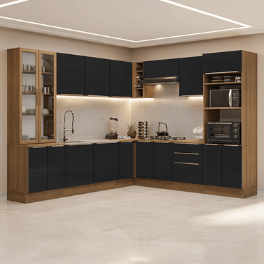 Combo completo de Cocina Esquinera 549 cm con Cristalero 17 Puertas 3 Cajones Sin Mesada Marrón/Negro Lux Madesa