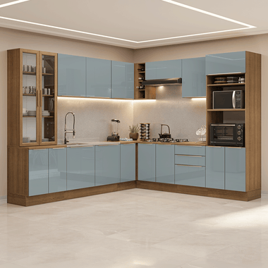 Combo completo de Cocina Esquinera 549 cm con Cristalero 17 Puertas 3 Cajones Sin Mesada Marrón/Gris Lux Madesa