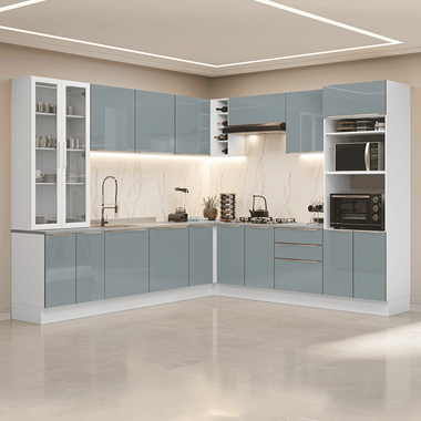 Combo completo de Cocina Esquinera 549 cm con Cristalero 17 Puertas 3 Cajones Sin Mesada Blanco/Gris Lux Madesa