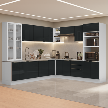 Combo completo de Cocina Esquinera 566 cm con Cristalero 17 Puertas 3 Cajones Sin Mesada Blanco/Negro Lux Madesa