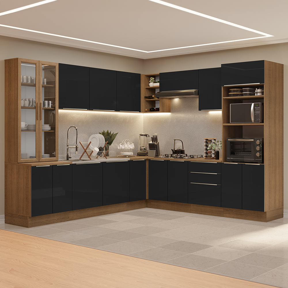Combo completo de Cocina Esquinera 566 cm con Cristalero 17 Puertas 3 Cajones Sin Mesada Marrón/Negro Lux Madesa