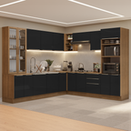 Combo completo de Cocina Esquinera 566 cm con Cristalero 17 Puertas 3 Cajones Sin Mesada Marrón/Negro Lux Madesa