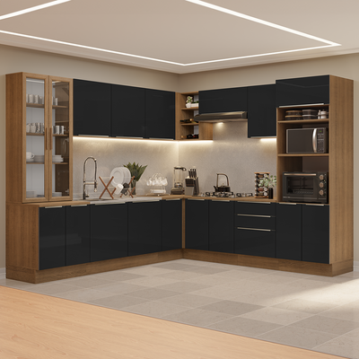 Combo completo de Cocina Esquinera 566 cm con Cristalero 17 Puertas 3 Cajones Sin Mesada Marrón/Negro Lux Madesa