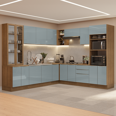 Combo completo de Cocina Esquinera 566 cm con Cristalero 17 Puertas 3 Cajones Sin Mesada Marrón/Gris Lux Madesa