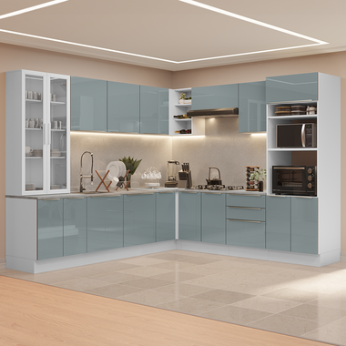 Combo completo de Cocina Esquinera 566 cm con Cristalero 17 Puertas 3 Cajones Sin Mesada Blanco/Gris Lux Madesa