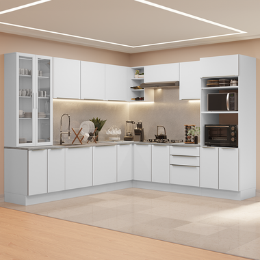 Combo completo de Cocina Esquinera 566 cm con Cristalero 17 Puertas 3 Cajones Sin Mesada Blanco Lux Madesa