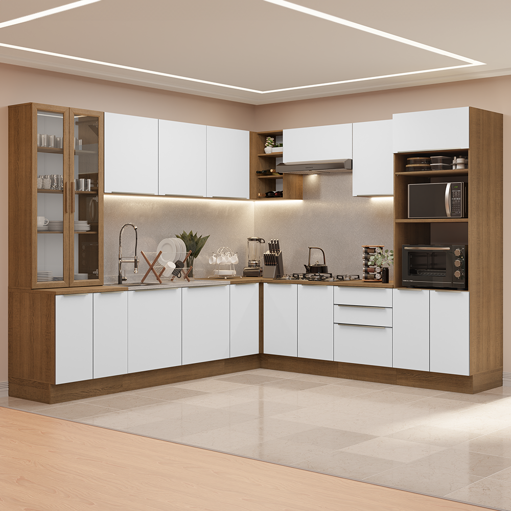Combo completo de Cocina Esquinera 566 cm con Cristalero 17 Puertas 3 Cajones Sin Mesada Marrón/Blanco Lux Madesa