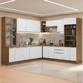 Combo completo de Cocina Esquinera 566 cm con Cristalero 17 Puertas 3 Cajones Sin Mesada Marrón/Blanco Lux Madesa