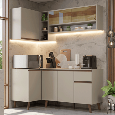Combo completo de Cocina Esquinera 265 cm 7 Puertas 1 Cajón Crema Nice Madesa