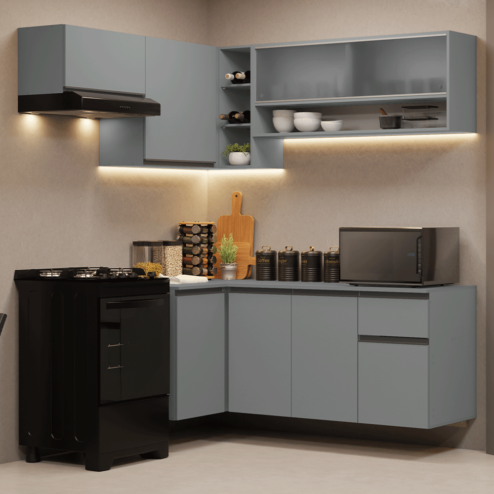 Combo completo de Cocina Esquinera Flotante 325 cm 8 Puertas 1 Cajón Gris Nice Madesa