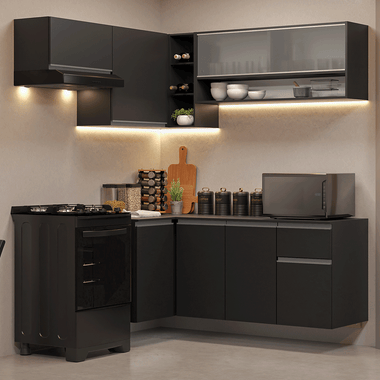 Combo completo de Cocina Esquinera Flotante 325 cm 8 Puertas 1 Cajón Negro Nice Madesa
