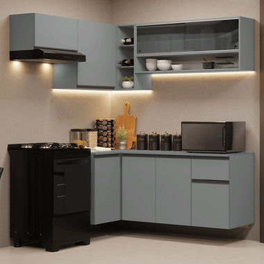 Combo completo de Cocina Esquinera Flotante 325 cm 8 Puertas 1 Cajón Gris Nice Madesa