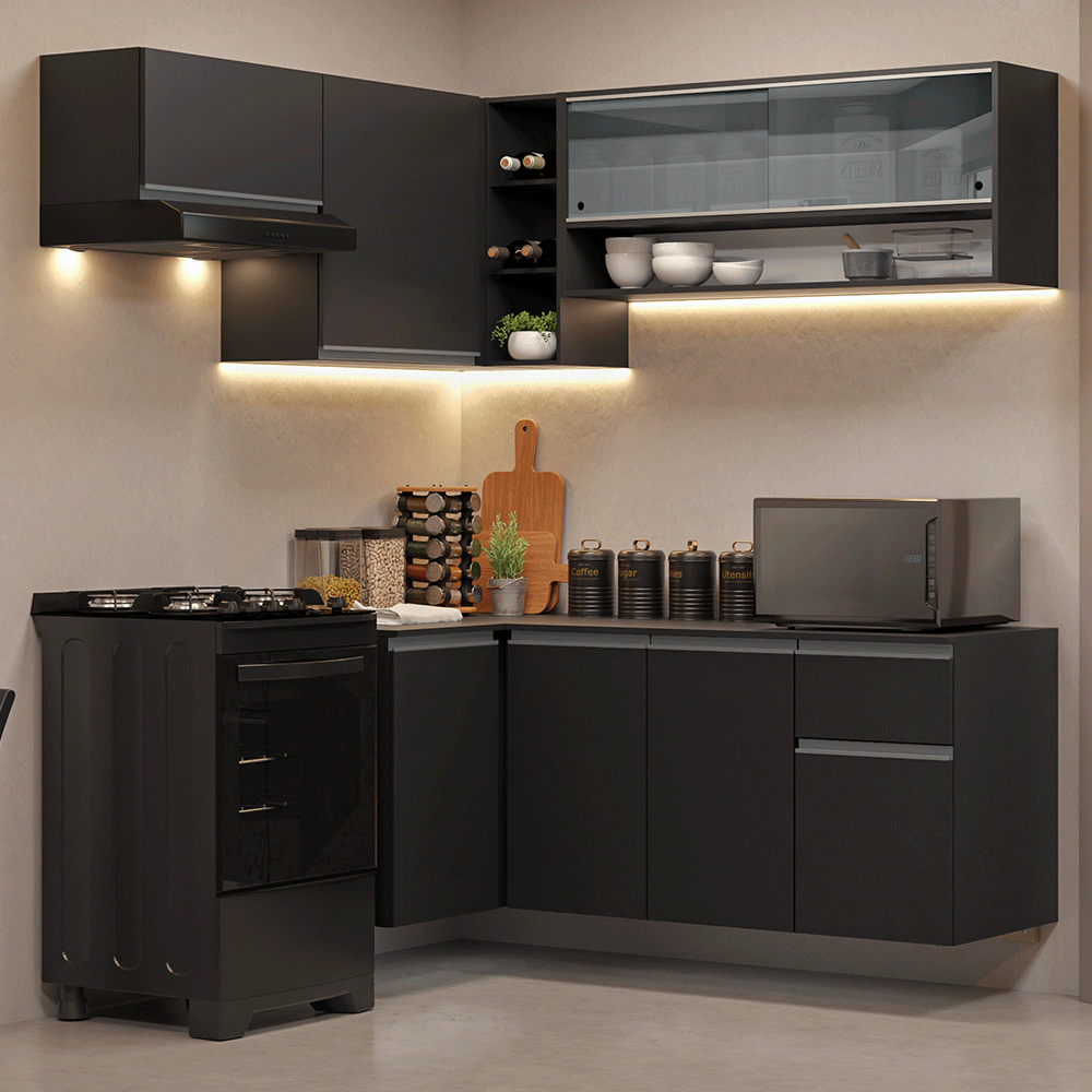 Combo Completo de Cocina Esquinera Flotante 325 cm Negro Nice Madesa 02