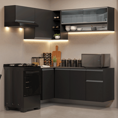 Combo completo de Cocina Esquinera Flotante 325 cm 8 Puertas 1 Cajón Negro Nice Madesa
