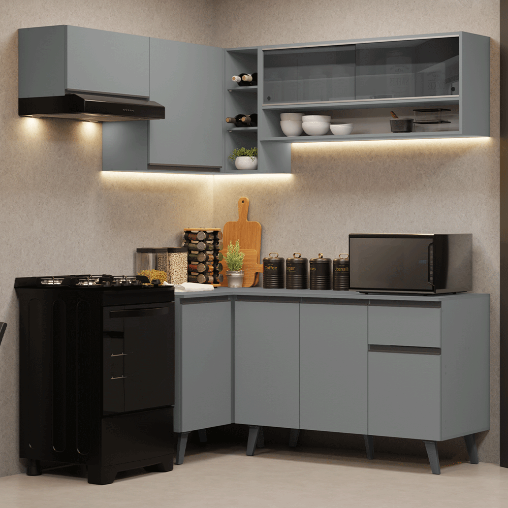 Combo completo de Cocina Esquinera 325 cm 8 Puertas 1 Cajón Gris Nice Madesa