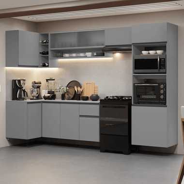 Combo completo de Cocina Esquinera Flotante 385 cm 10 Puertas 1 Cajón con Mueble para Horno y Microondas Gris Nice Madesa