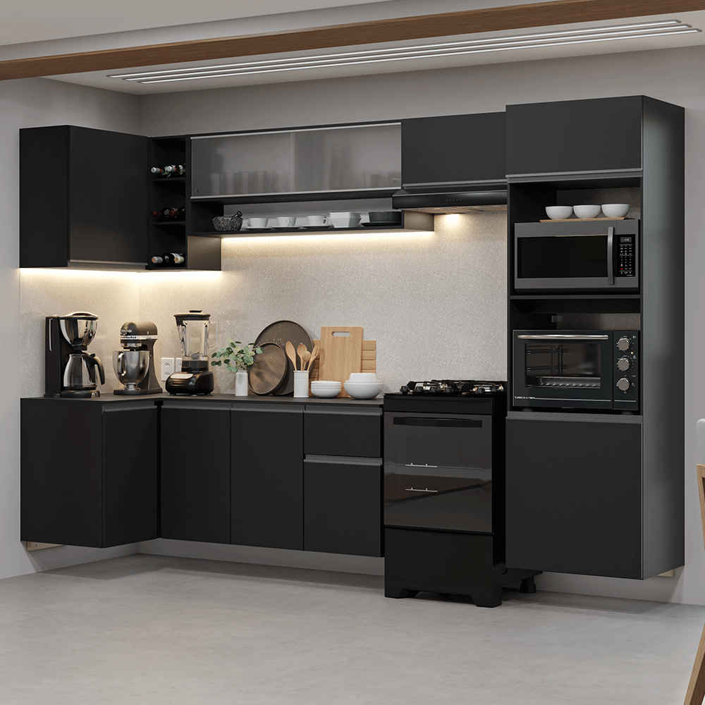 Combo Completo de Cocina Esquinera Flotante 385 cm Negro Nice Madesa 01