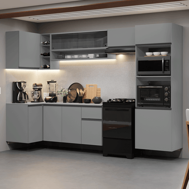 Combo completo de Cocina Esquinera Flotante 385 cm 10 Puertas 1 Cajón con Mueble para Horno y Microondas Gris Nice Madesa