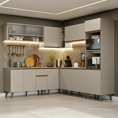 Combo completo de Cocina Esquinera 445 cm 13 Puertas 1 Cajón Crema Nice Madesa