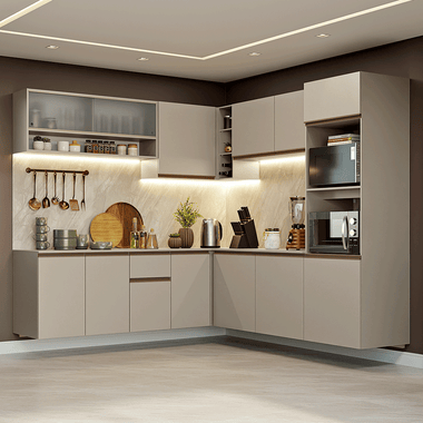 Combo completo de Cocina Esquinera Flotante 445 cm 13 Puertas 1 Cajón con Mueble para Horno y Microondas Crema Nice Madesa