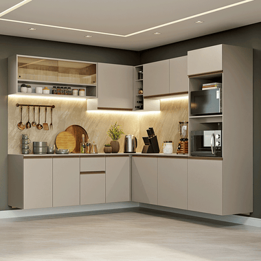 Combo completo de Cocina Esquinera Flotante 445 cm 13 Puertas 1 Cajón con Mueble para Horno y Microondas Crema Nice Madesa