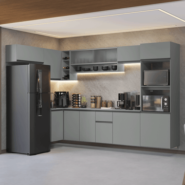 Combo completo de Cocina Esquinera Flotante 465 cm 12 Puertas 1 Cajón con Mueble para Horno y Microondas Gris Nice Madesa