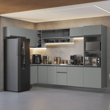 Combo completo de Cocina Esquinera Flotante 465 cm 12 Puertas 1 Cajón con Mueble para Horno y Microondas Gris Nice Madesa