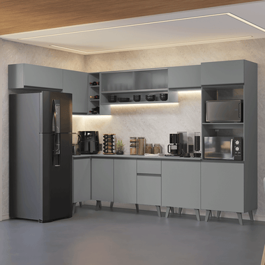 Combo completo de Cocina Esquinera 465 cm 12 Puertas 1 Cajón Gris Nice Madesa