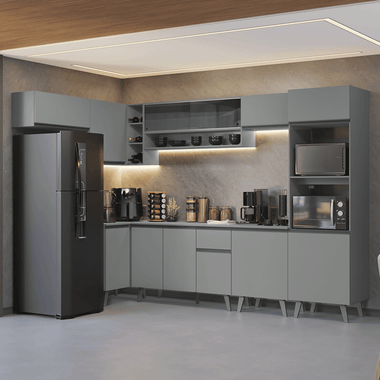 Combo completo de Cocina Esquinera 465 cm 12 Puertas 1 Cajón Gris Nice Madesa