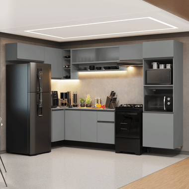 Combo completo de Cocina Esquinera Flotante 465 cm 12 Puertas 1 Cajón con Mueble para Horno y Microondas Gris Nice Madesa
