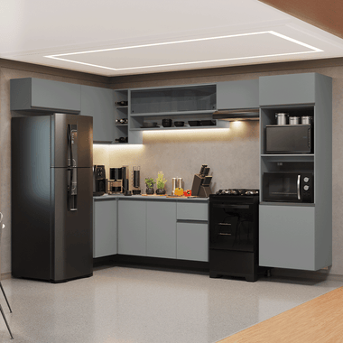 Combo completo de Cocina Esquinera Flotante 465 cm 12 Puertas 1 Cajón con Mueble para Horno y Microondas Gris Nice Madesa